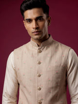Light peach textured butti waistcoat with metallic buttons for mens