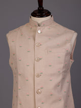 Light peach textured butti waistcoat with metallic buttons for mens