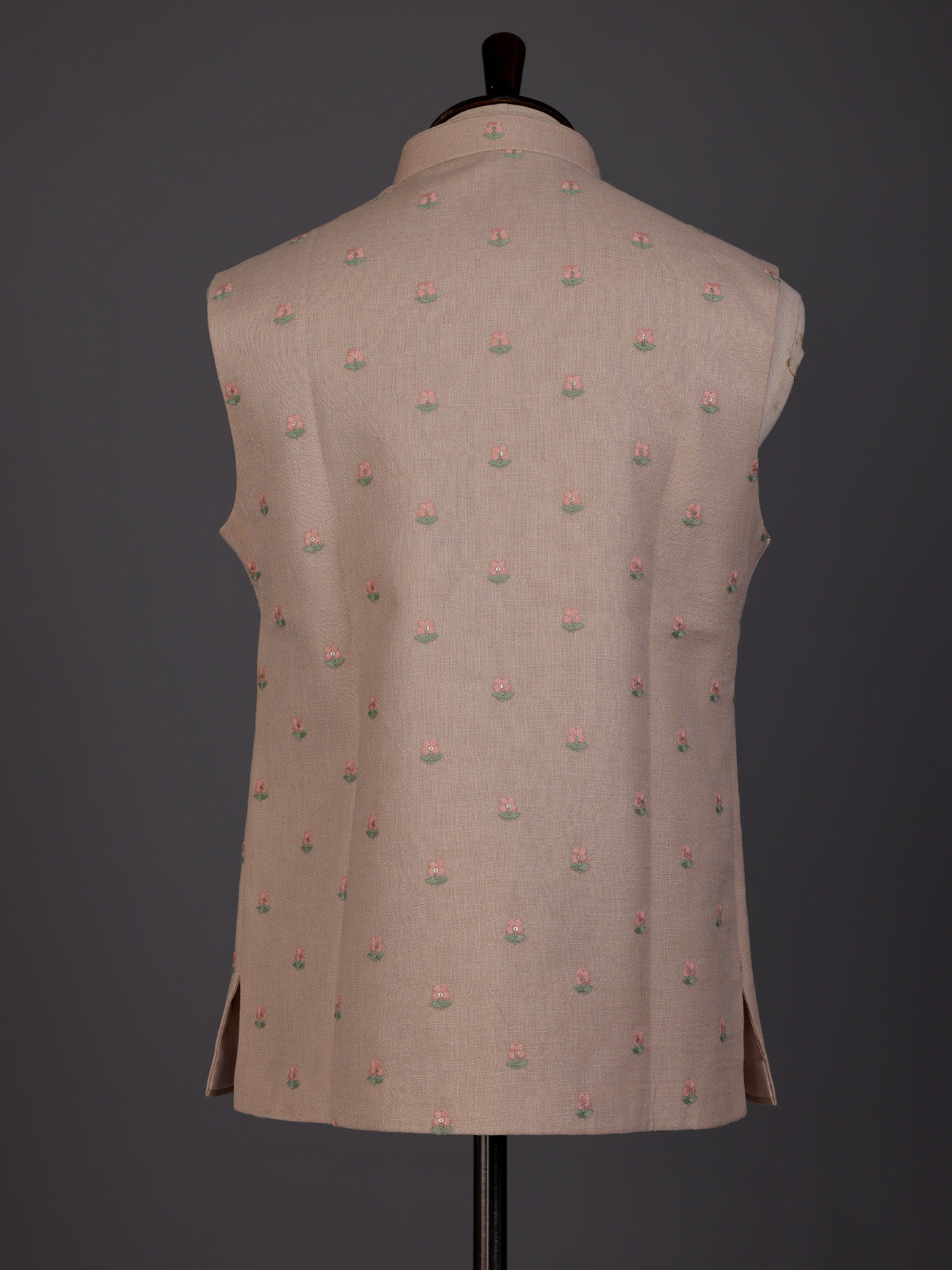 Light peach textured butti waistcoat with metallic buttons for mens