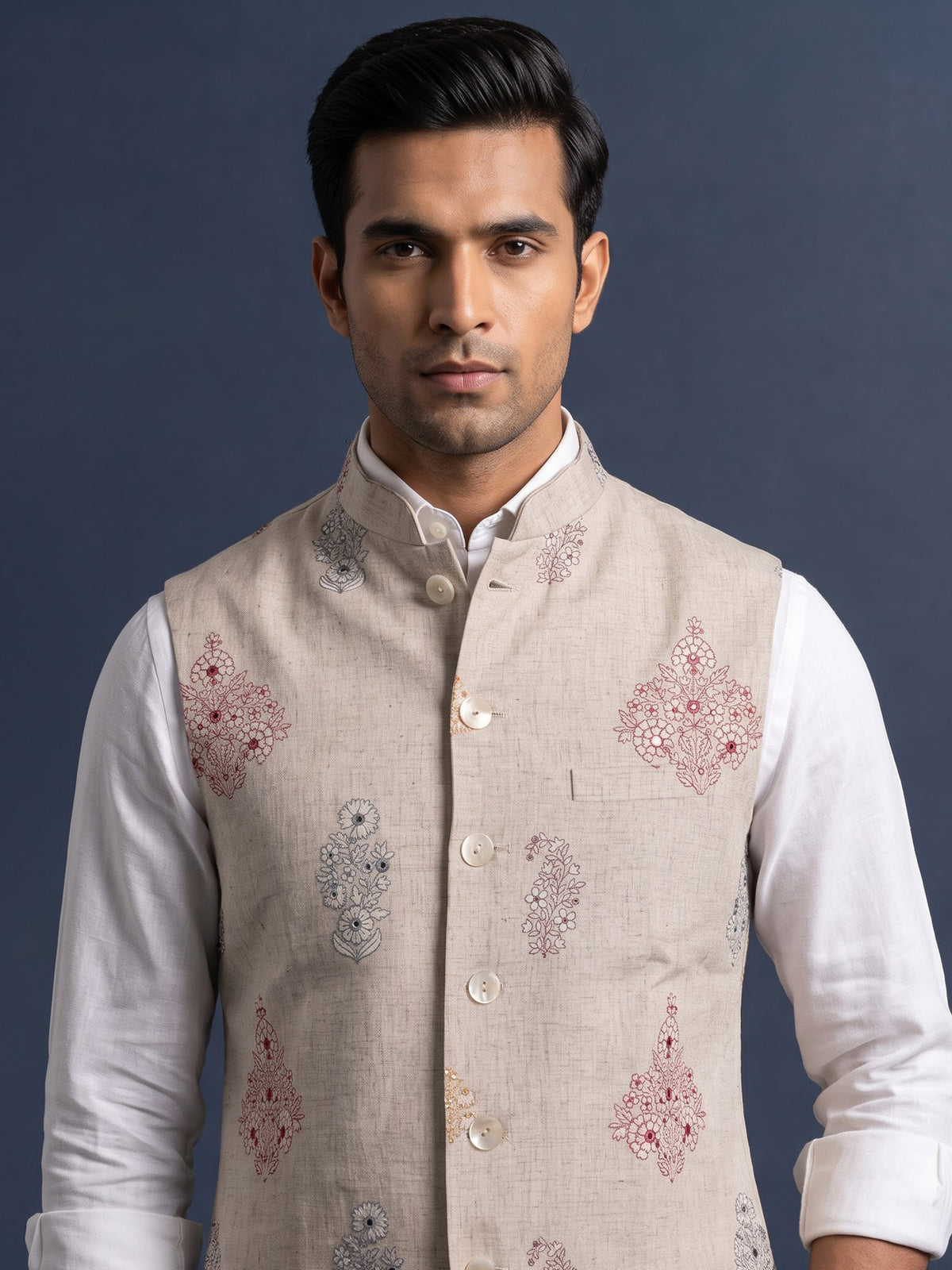 Beige linen-silk aabla sequined waistcoat with glossy buttons for mens
