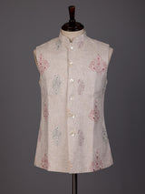 Beige linen-silk aabla sequined waistcoat with glossy buttons for mens