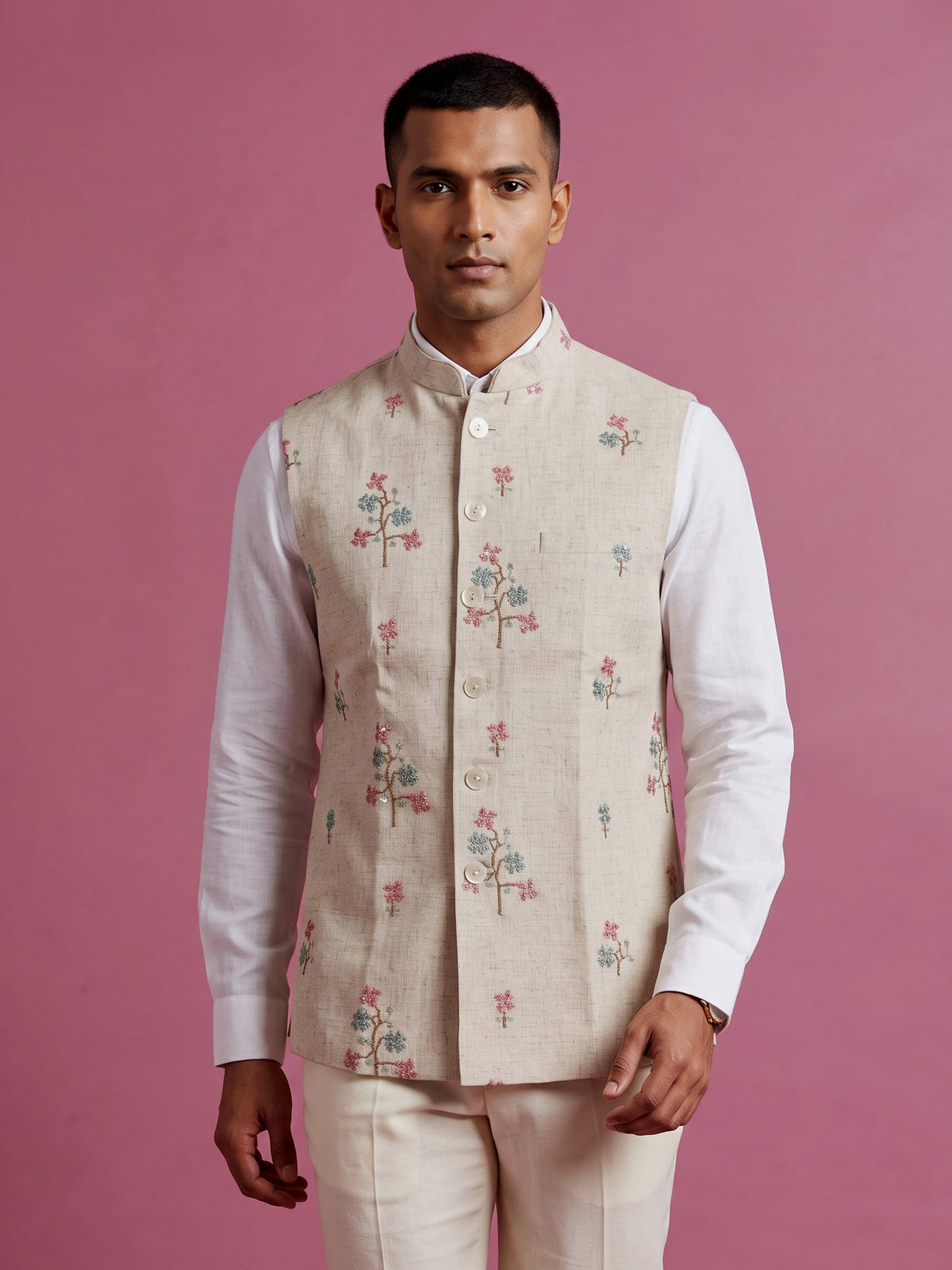 Beige textured linen-silk sequined waistcoat with glossy buttons for mens