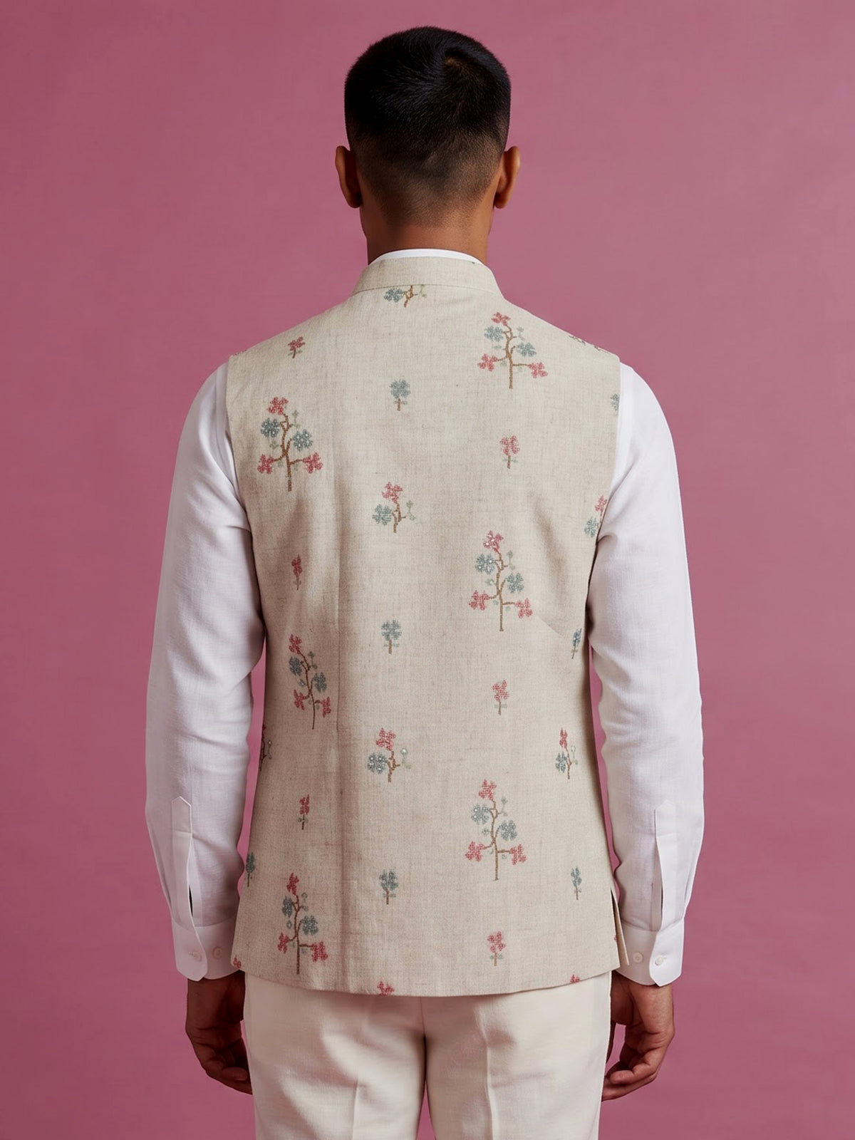 Beige textured linen-silk sequined waistcoat with glossy buttons for mens