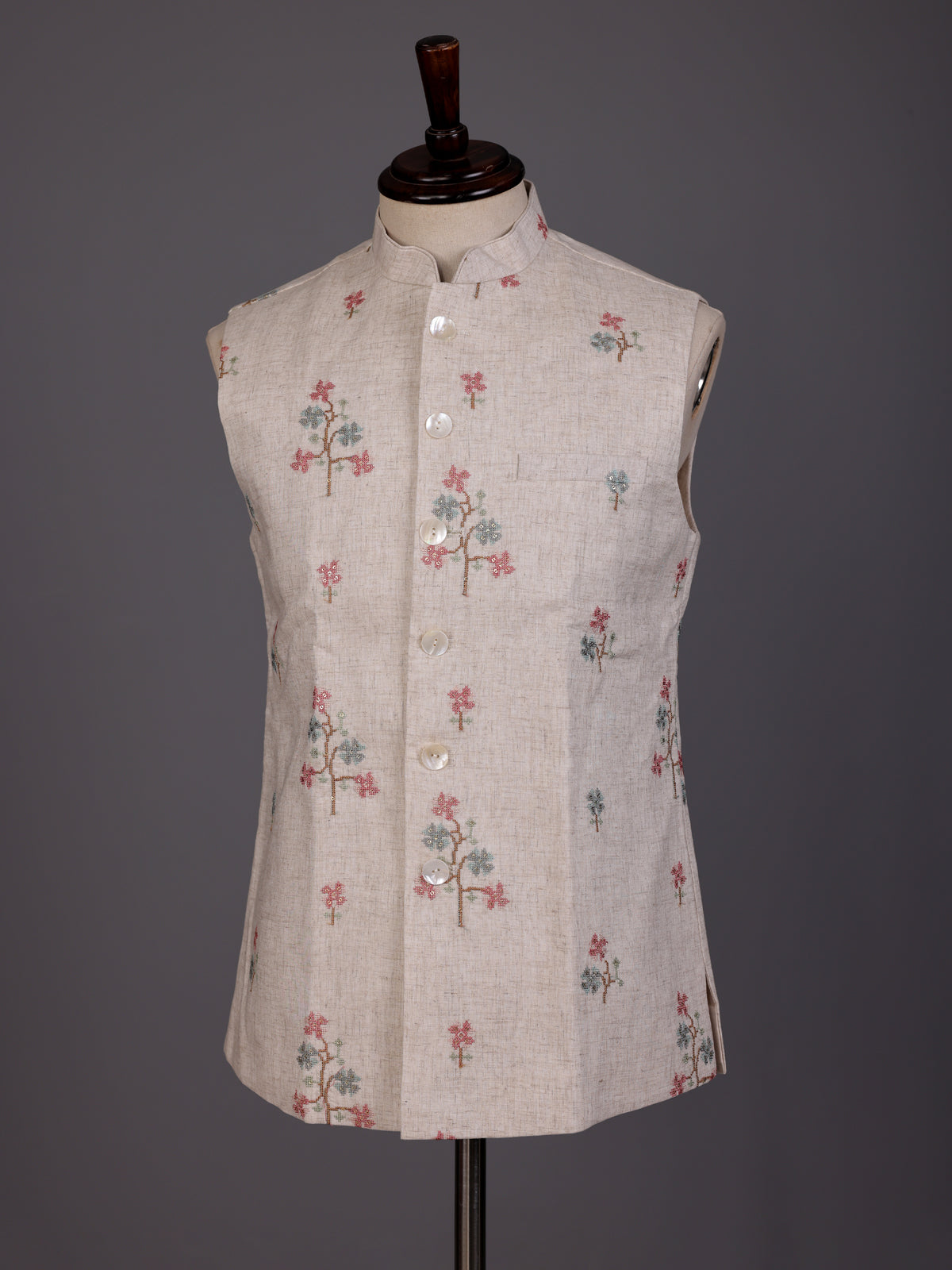 Beige textured linen-silk sequined waistcoat with glossy buttons for mens