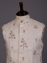 Beige textured linen-silk sequined waistcoat with glossy buttons for mens