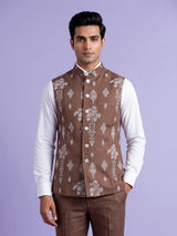 Brown textured sequined waistcoat with glossy statement buttons for mens