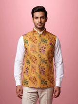 Mustard yellow floral sequined waistcoat for mens festive occasions