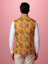Mustard yellow floral sequined waistcoat for mens festive occasions