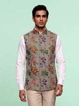 Dusty pista green floral sequined waistcoat for mens weddings
