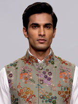 Dusty pista green floral sequined waistcoat for mens weddings