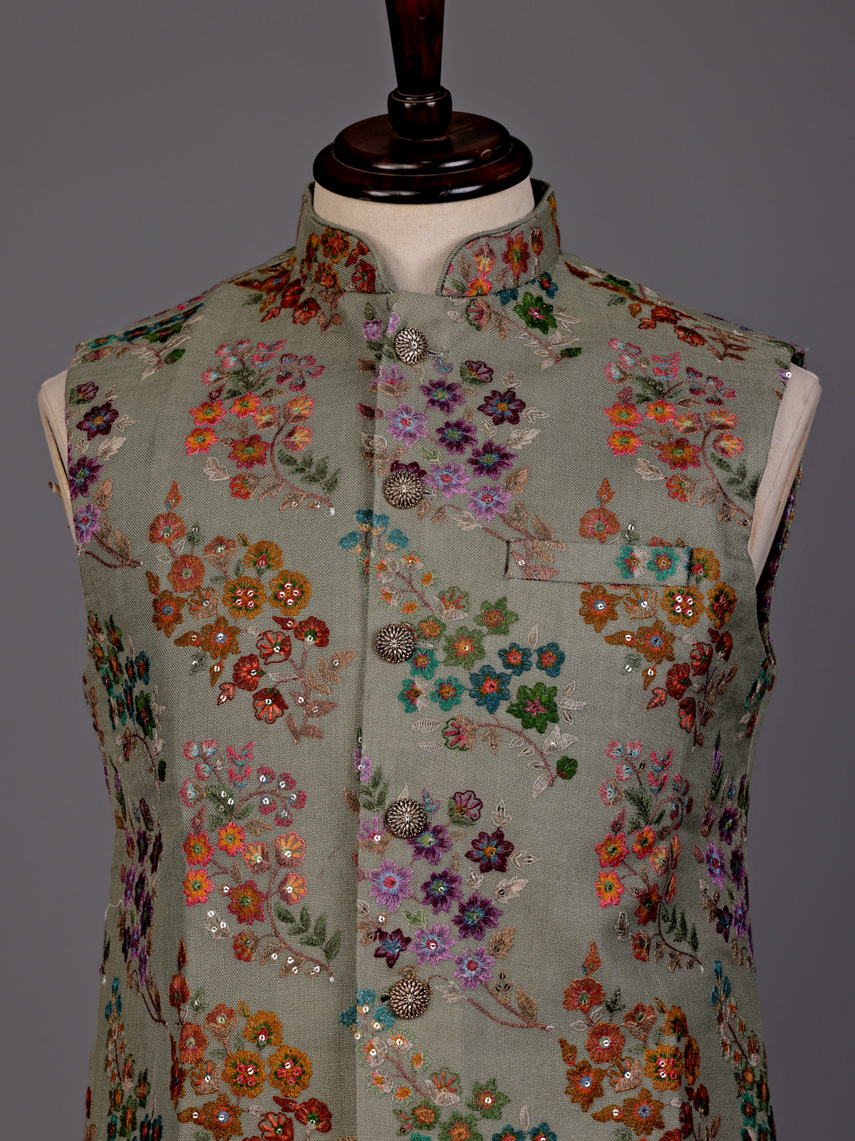 Dusty pista green floral sequined waistcoat for mens weddings