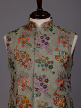 Dusty pista green floral sequined waistcoat for mens weddings