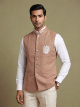 Light brown embroidered crest waistcoat with beadwork for mens occasions