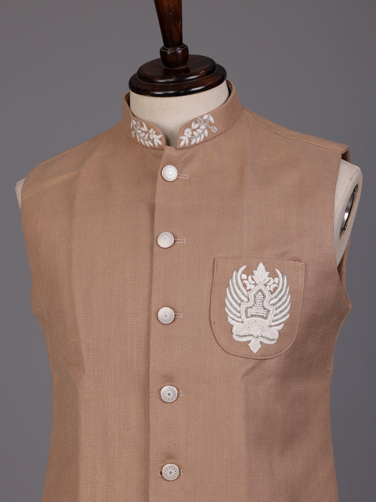 Light brown embroidered crest waistcoat with beadwork for mens occasions