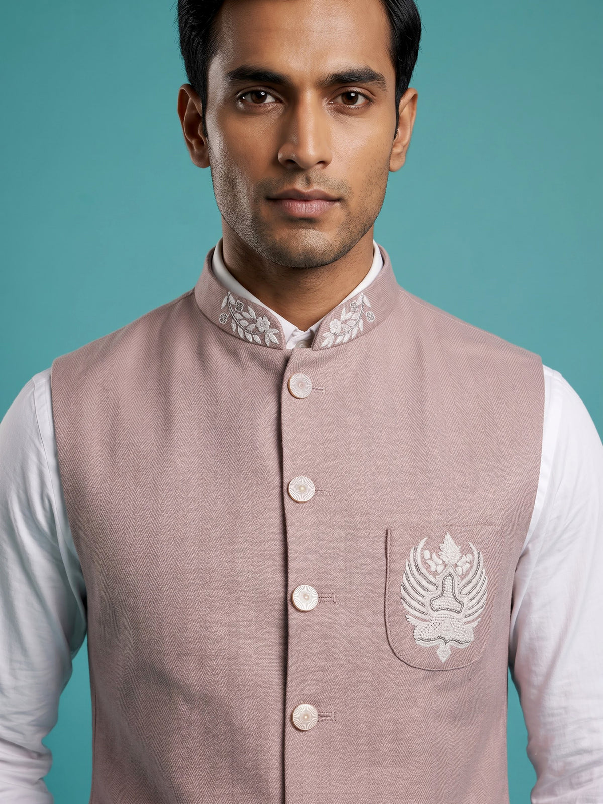 Light pink crest waistcoat with thread beadwork for mens celebrations