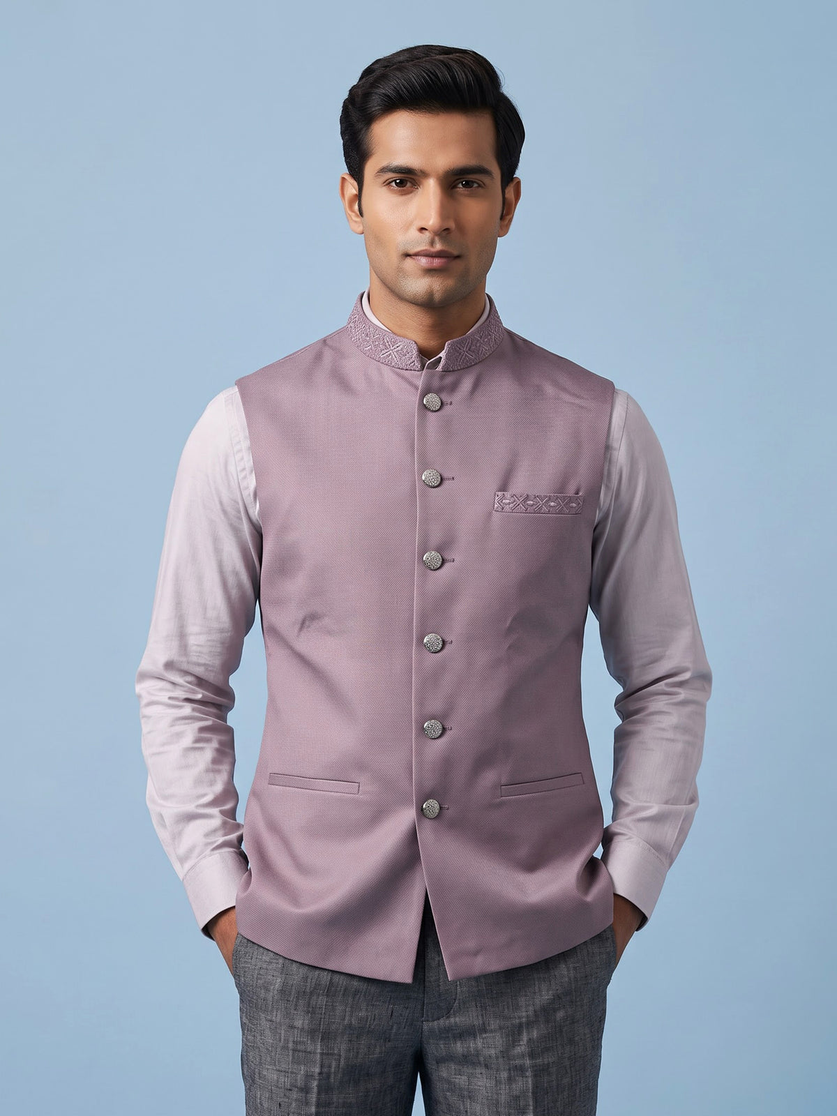 Lilac purple embroidered waistcoat with detailed collar and pocket trim