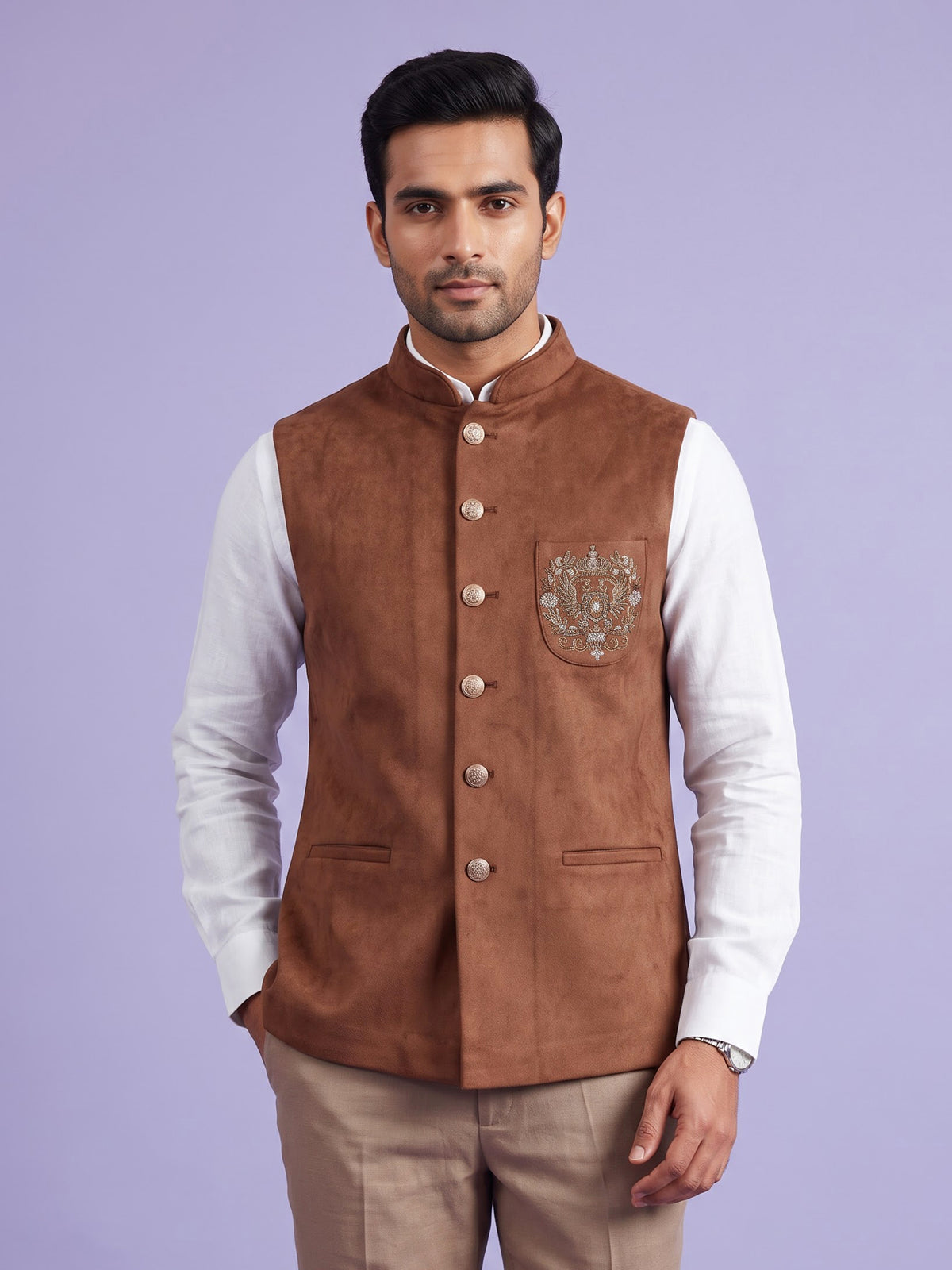 Caramel brown velvet cutdana zardosi waistcoat with metallic artwork