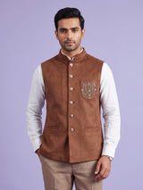 Caramel brown velvet cutdana zardosi waistcoat with metallic artwork