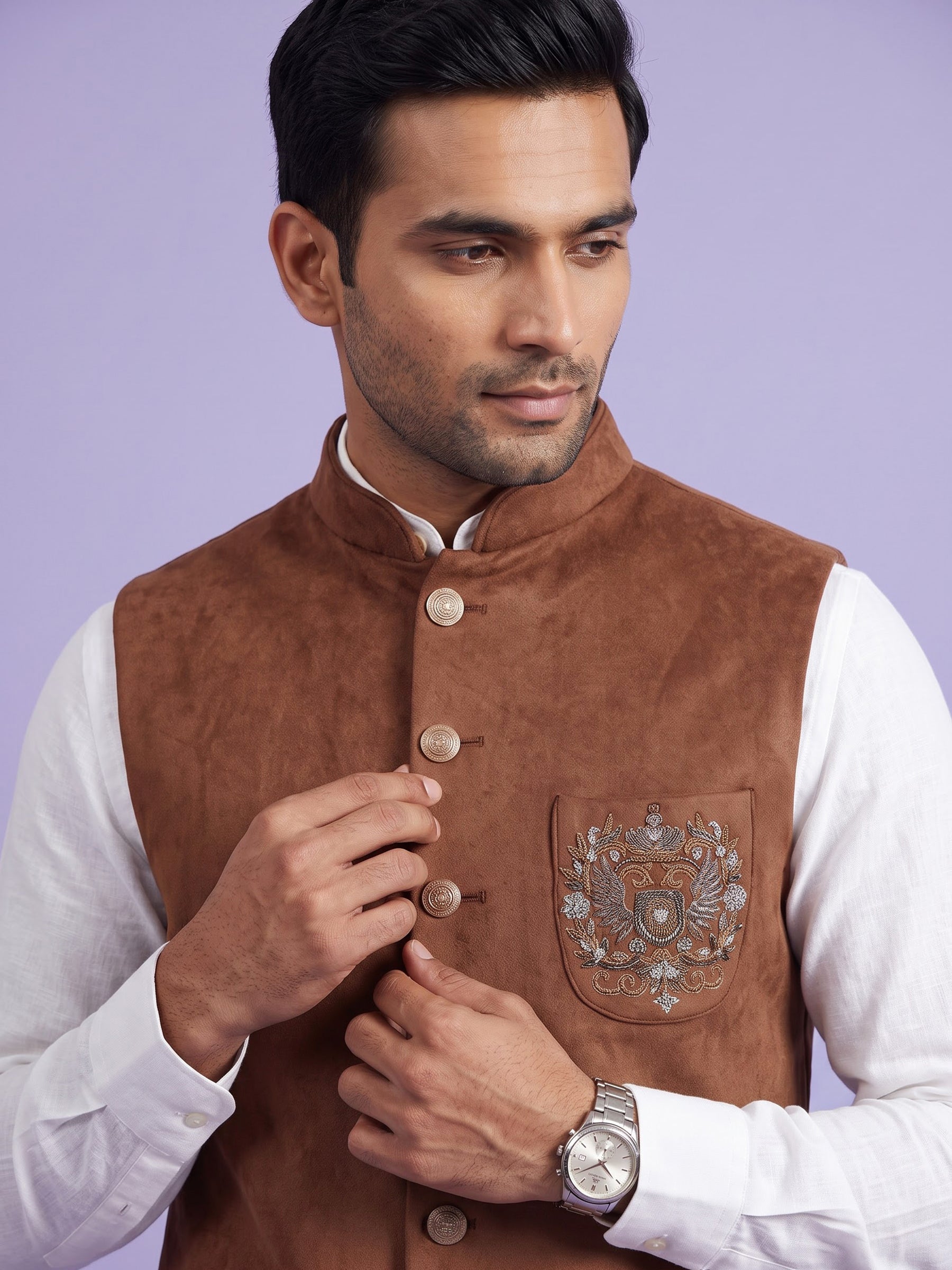 Caramel brown velvet cutdana zardosi waistcoat with metallic
