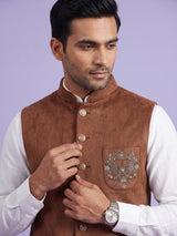 Caramel brown velvet cutdana zardosi waistcoat with metallic artwork