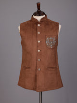 Caramel brown velvet cutdana zardosi waistcoat with metallic artwork