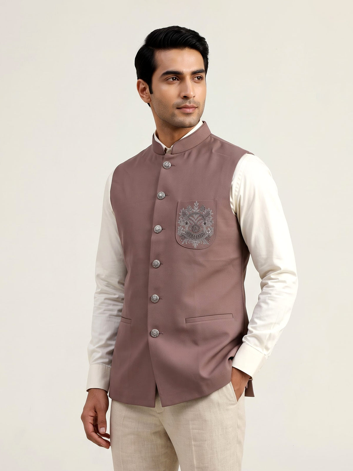 Dusty mauve pink zardosi waistcoat with metallic chest artwork