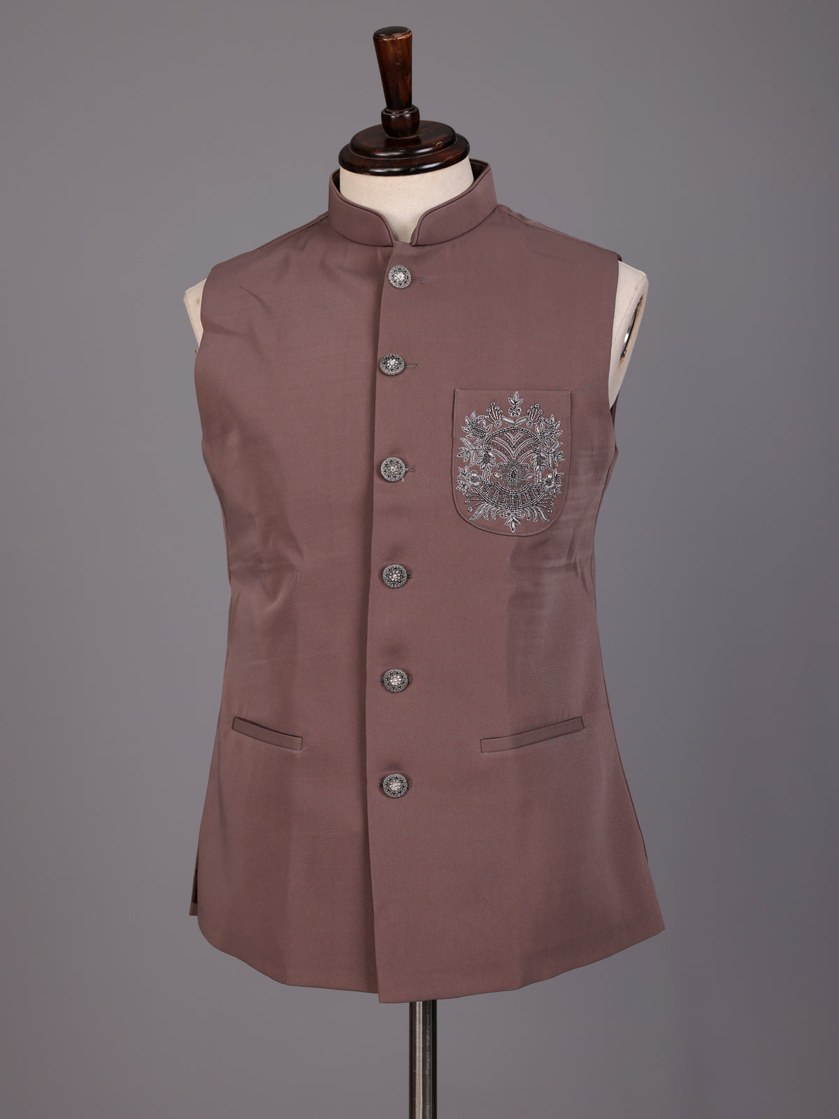 Dusty mauve pink zardosi waistcoat with metallic chest artwork