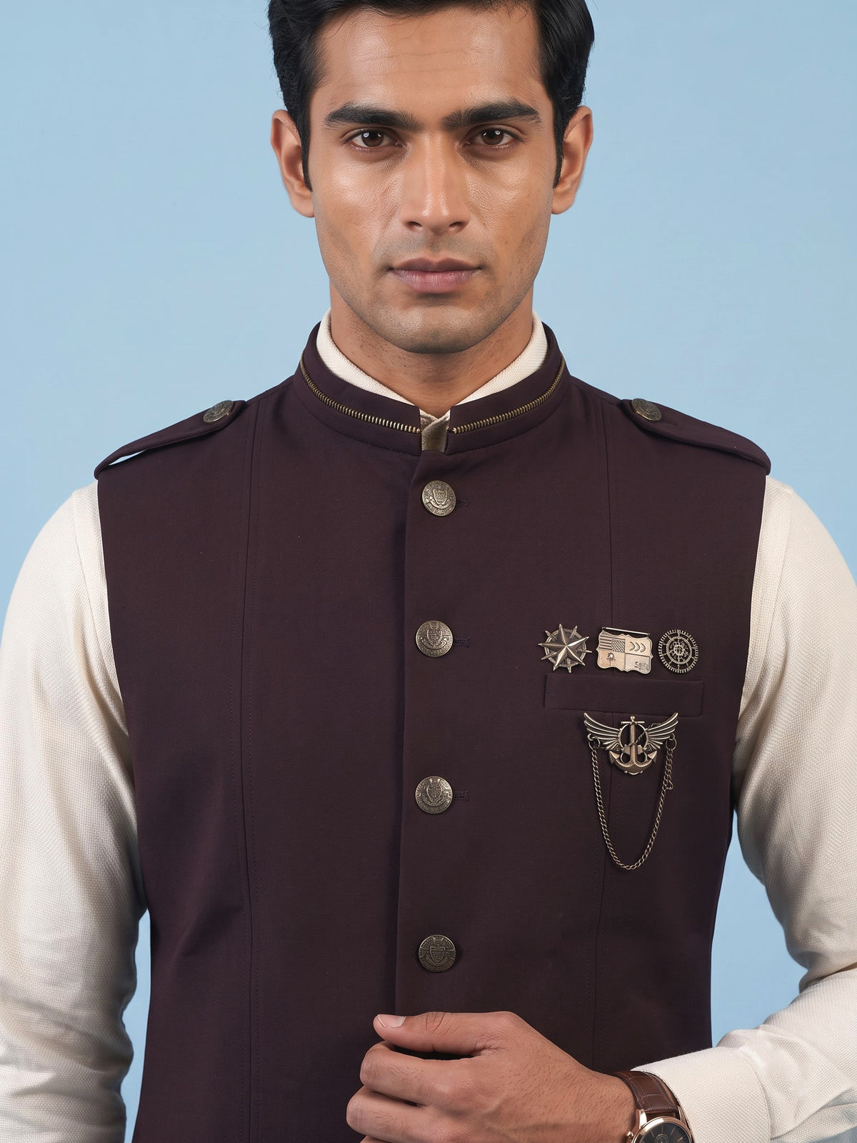 Wine premium waistcoat with crest pins and chain brooch for mens