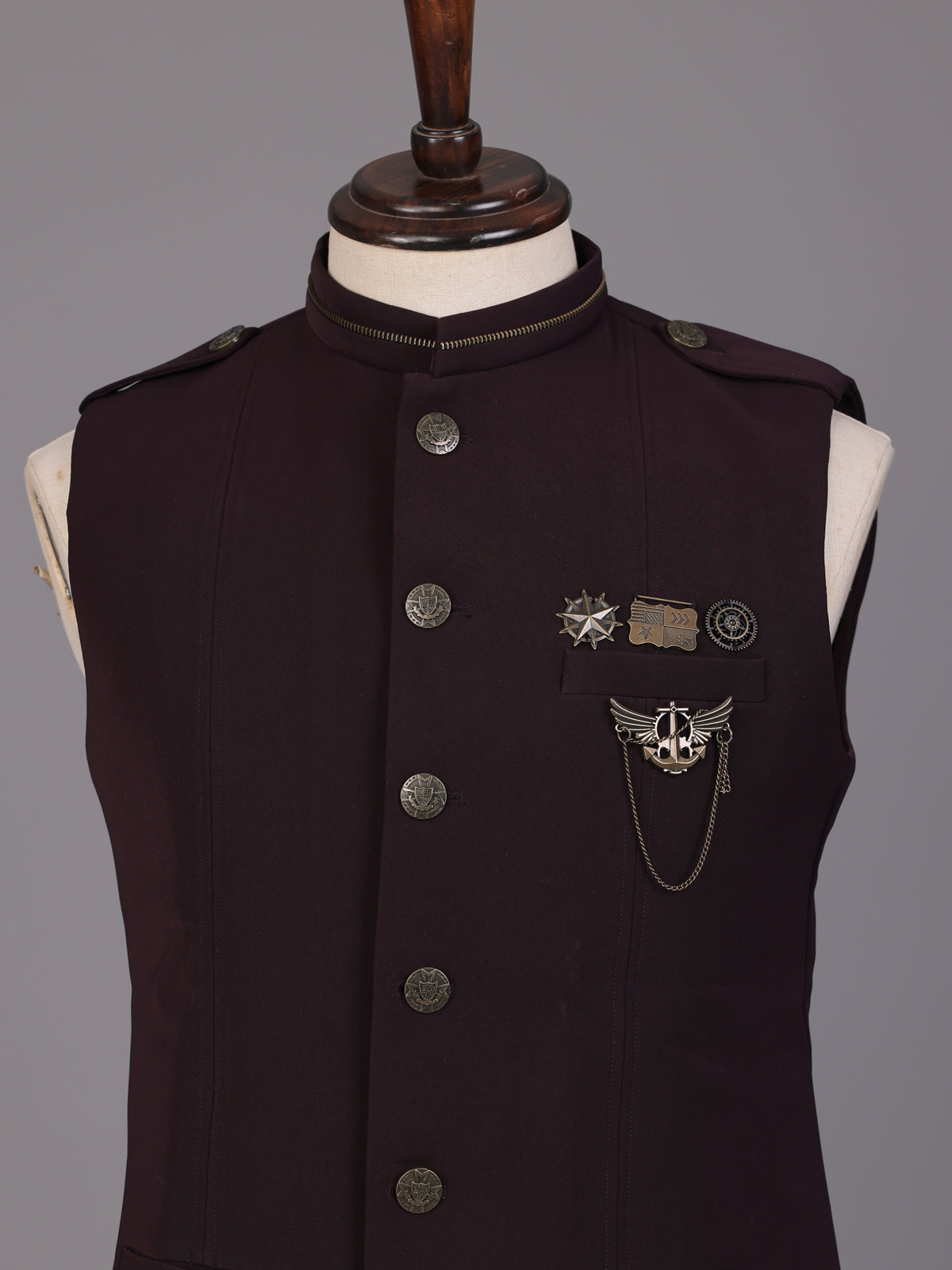 Wine premium waistcoat with crest pins and chain brooch for mens