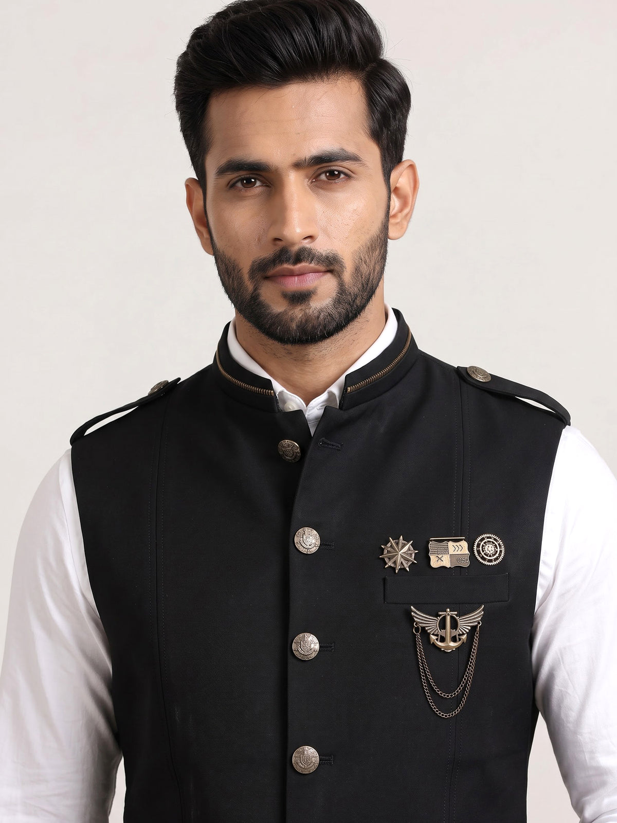Black premium waistcoat with metallic crest chain brooch for mens