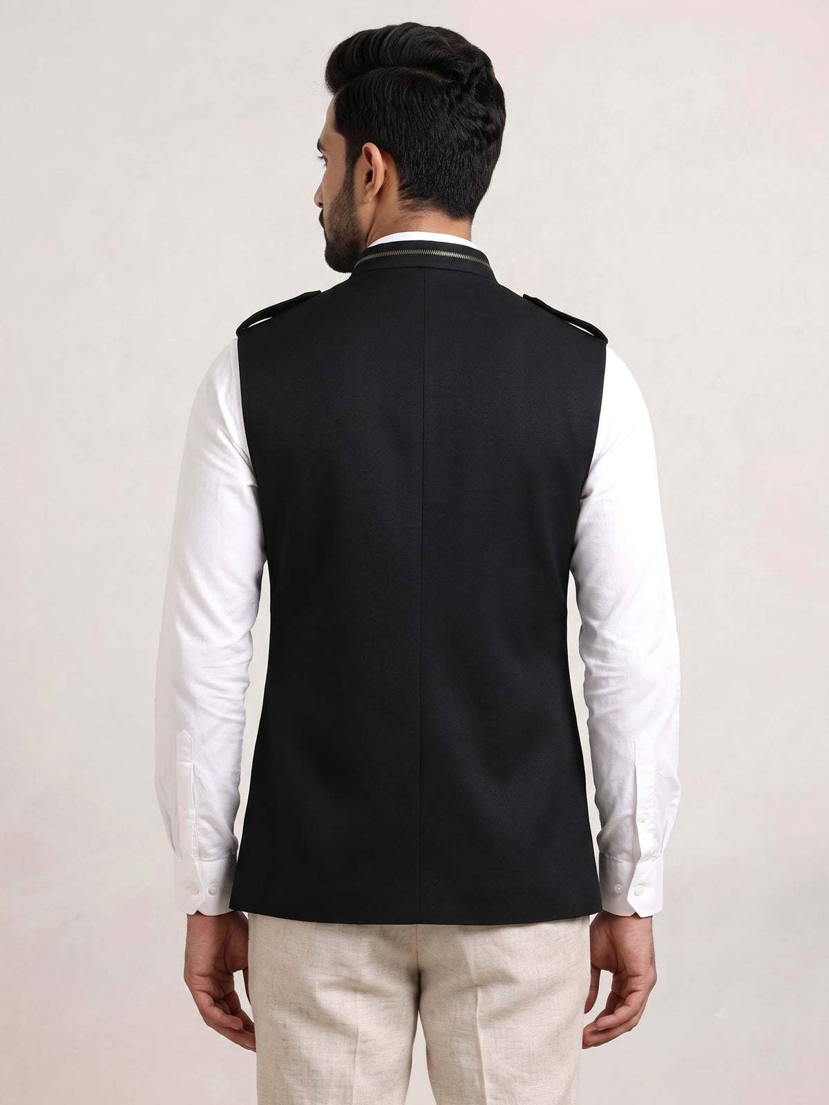 Black premium waistcoat with metallic crest chain brooch for mens