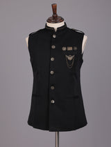 Black premium waistcoat with metallic crest chain brooch for mens