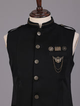 Black premium waistcoat with metallic crest chain brooch for mens