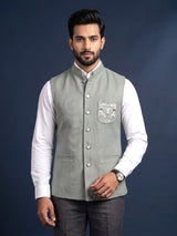 Sage green zardosi waistcoat with mother-of-pearl buttons for mens