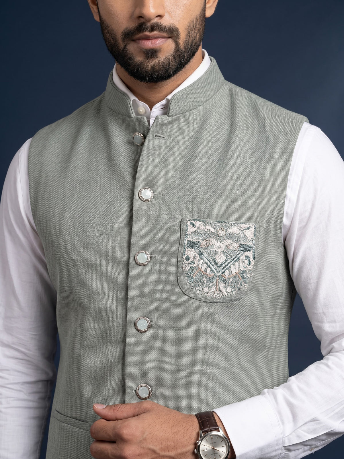 Sage green zardosi waistcoat with mother-of-pearl buttons for mens