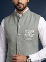 Sage green zardosi waistcoat with mother-of-pearl buttons for mens