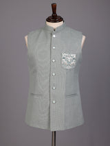 Sage green zardosi waistcoat with mother-of-pearl buttons for mens