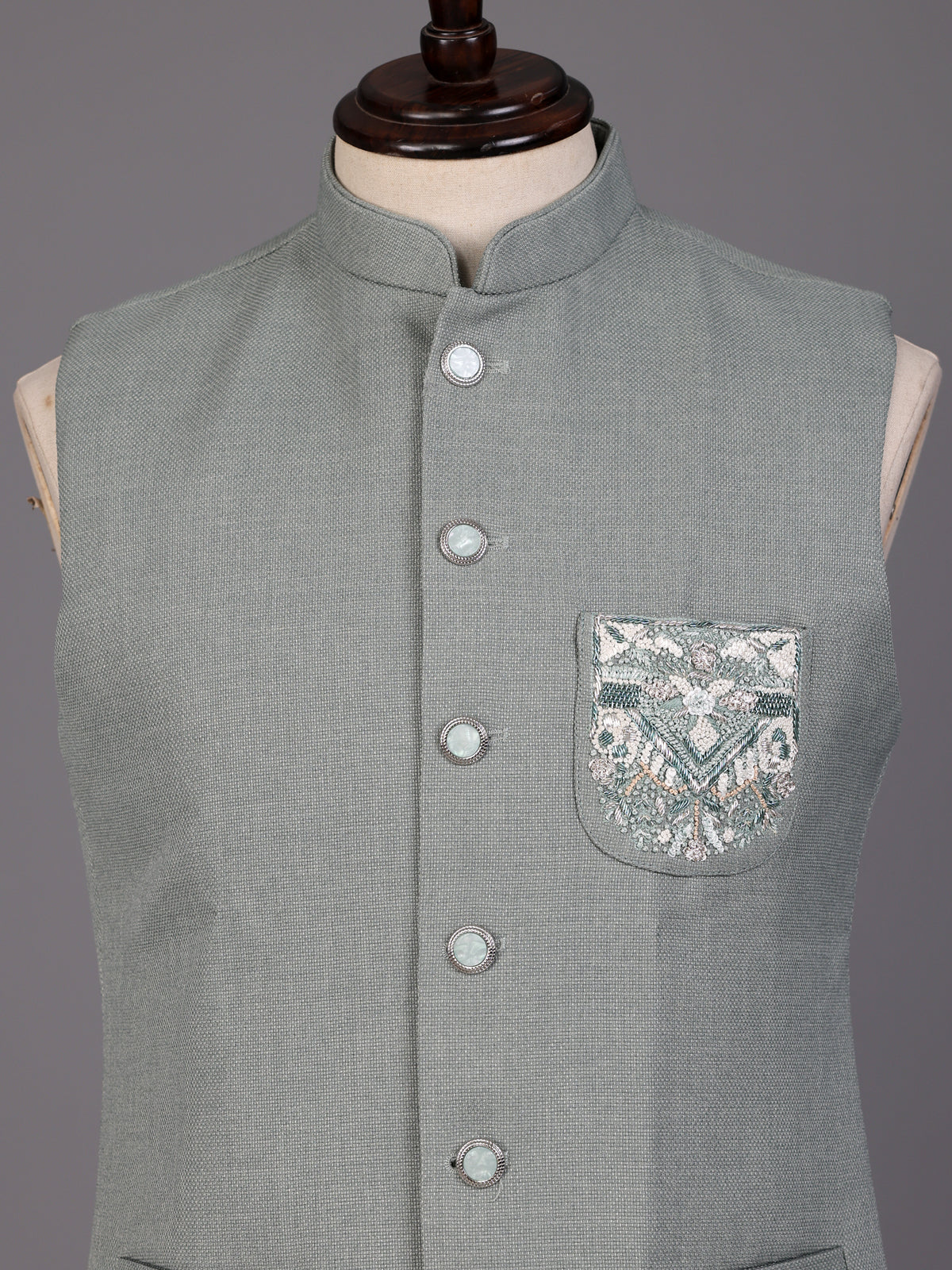 Sage green zardosi waistcoat with mother-of-pearl buttons for mens