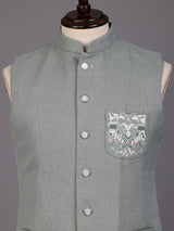 Sage green zardosi waistcoat with mother-of-pearl buttons for mens