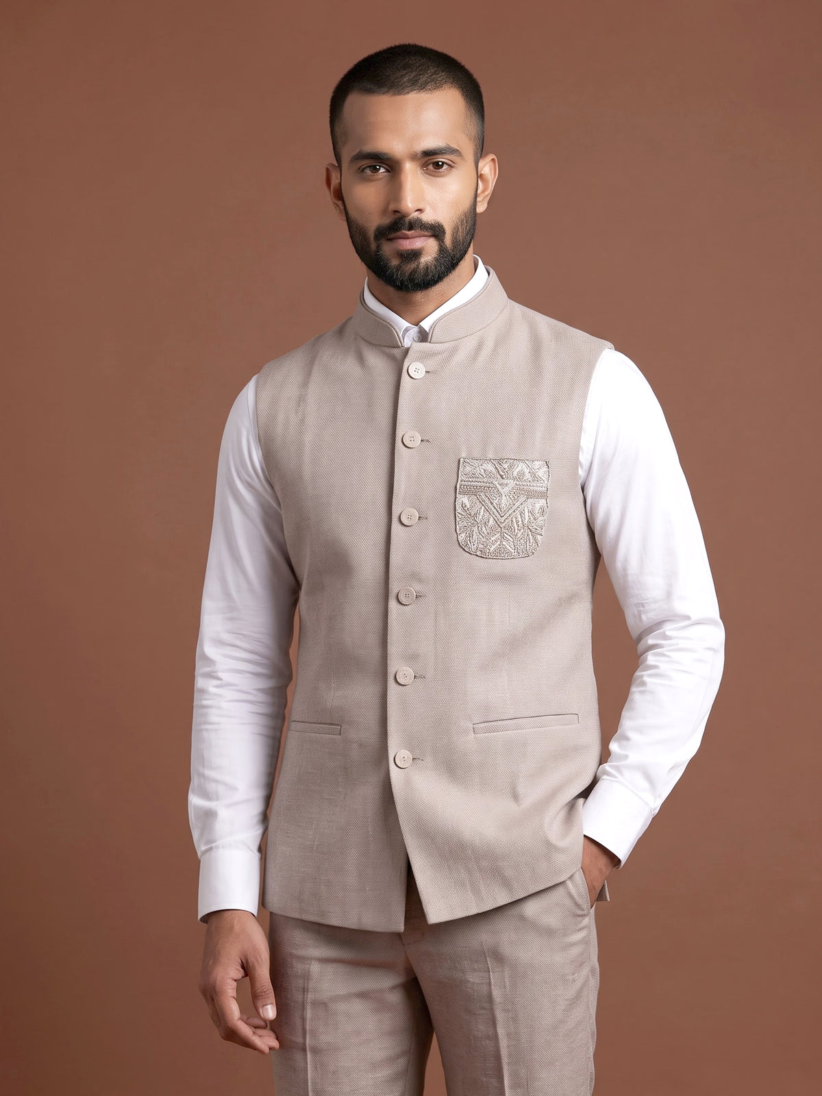 Dusty onion pink zardosi waistcoat with metallic artwork for mens