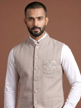 Dusty onion pink zardosi waistcoat with metallic artwork for mens