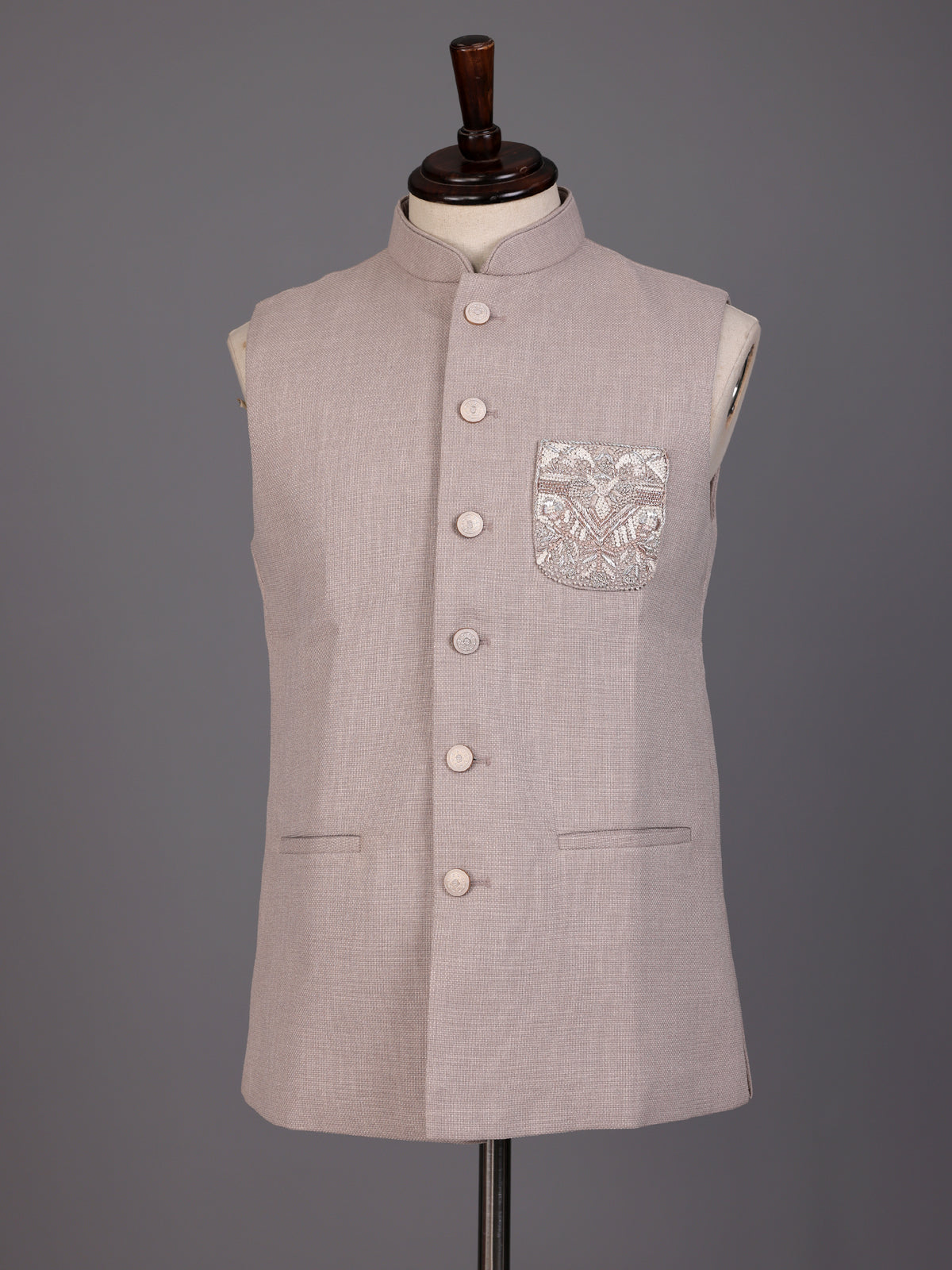 Dusty onion pink zardosi waistcoat with metallic artwork for mens