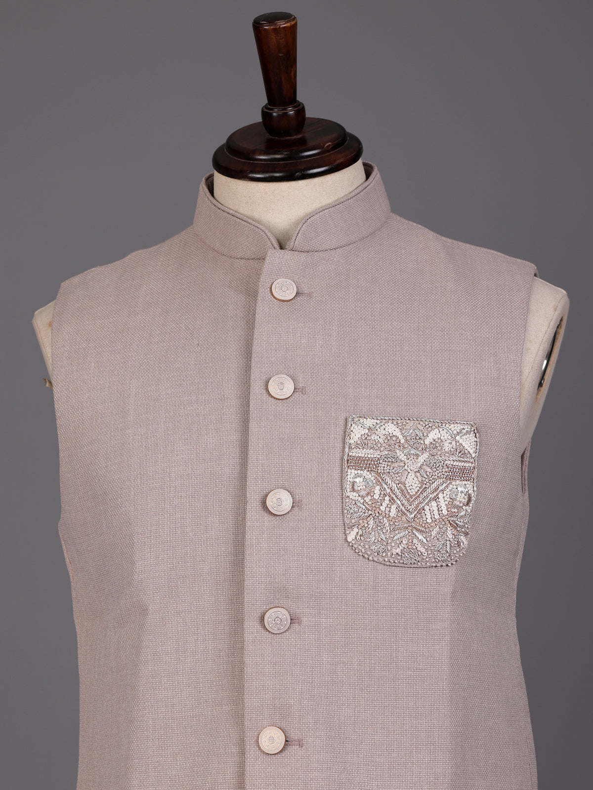 Dusty onion pink zardosi waistcoat with metallic artwork for mens