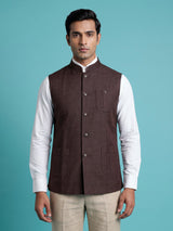Brown textured waistcoat with metallic rimmed buttons for mens occasions
