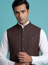 Brown textured waistcoat with metallic rimmed buttons for mens occasions