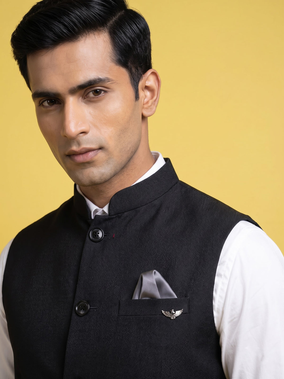 Midnight black waistcoat with pocket square and brooch detailing