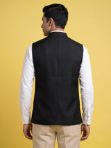 Midnight black waistcoat with pocket square and brooch detailing