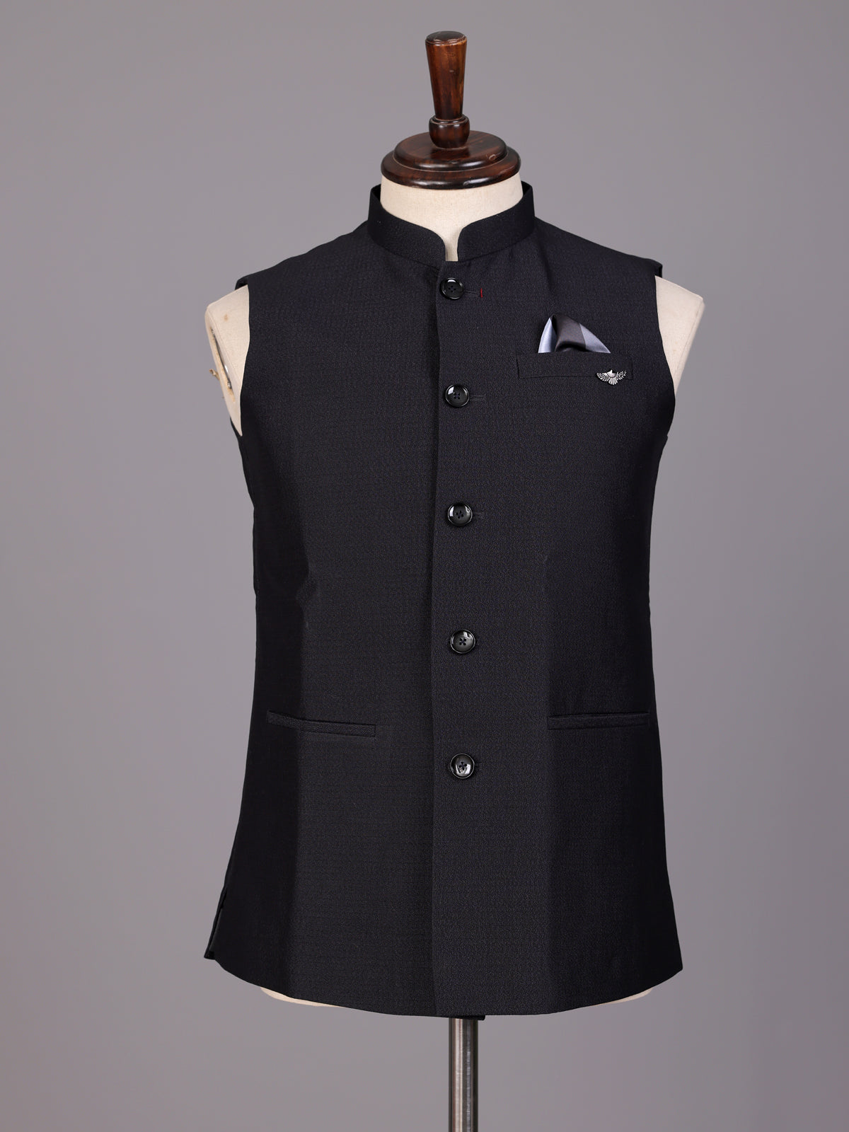Midnight black waistcoat with pocket square and brooch detailing