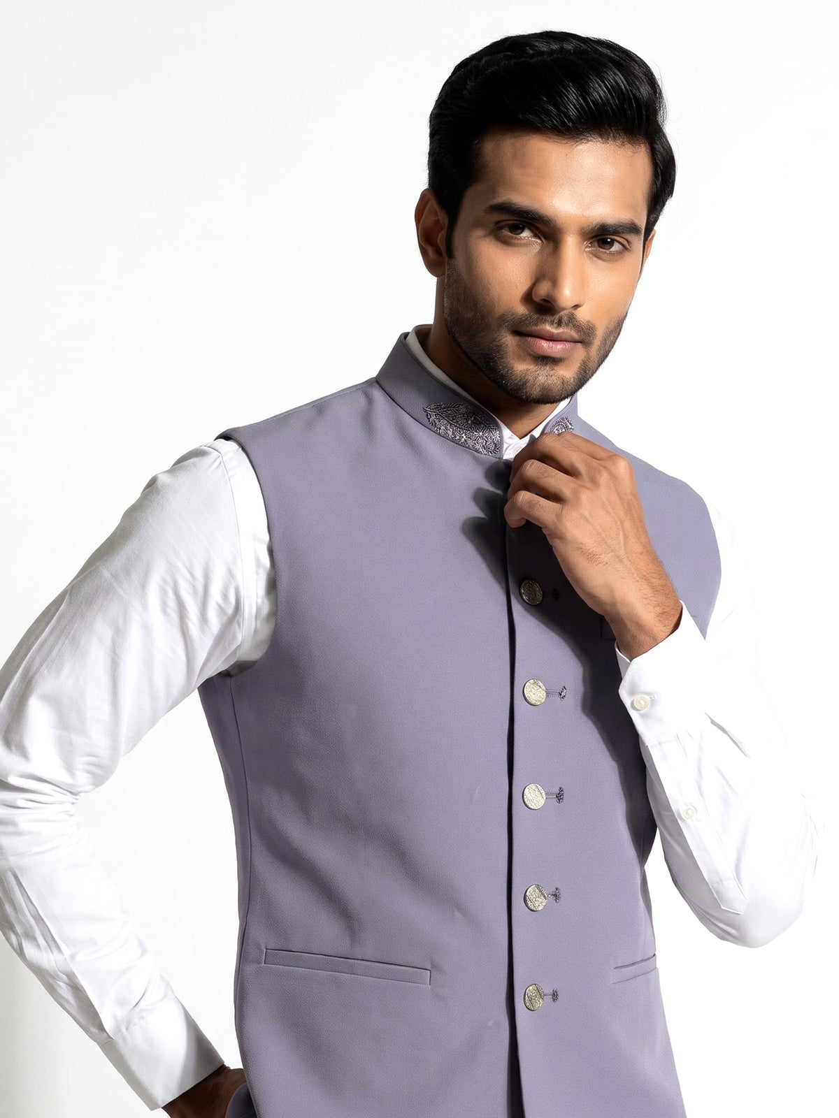 Lilac purple embellished collar waistcoat with metallic buttons for mens
