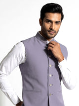 Lilac purple embellished collar waistcoat with metallic buttons for mens